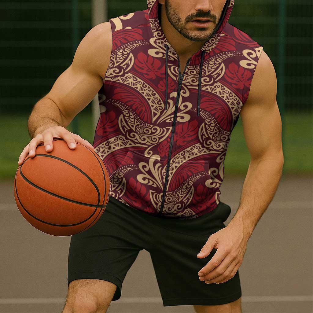 Luxury Red Monstera Sleeveless Zip Hoodie Polynesian Tribal Pattern - Polynesian Pride