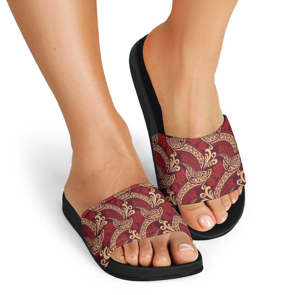 Luxury Red Monstera Slide Sandals Polynesian Tribal Pattern - Polynesian Pride