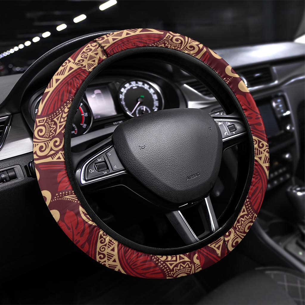 Luxury Red Monstera Steering Wheel Cover Polynesian Tribal Pattern - Polynesian Pride