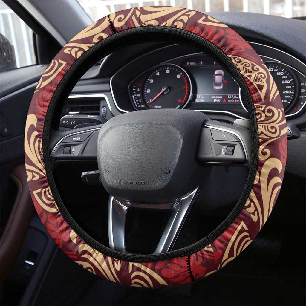 Luxury Red Monstera Steering Wheel Cover Polynesian Tribal Pattern - Polynesian Pride