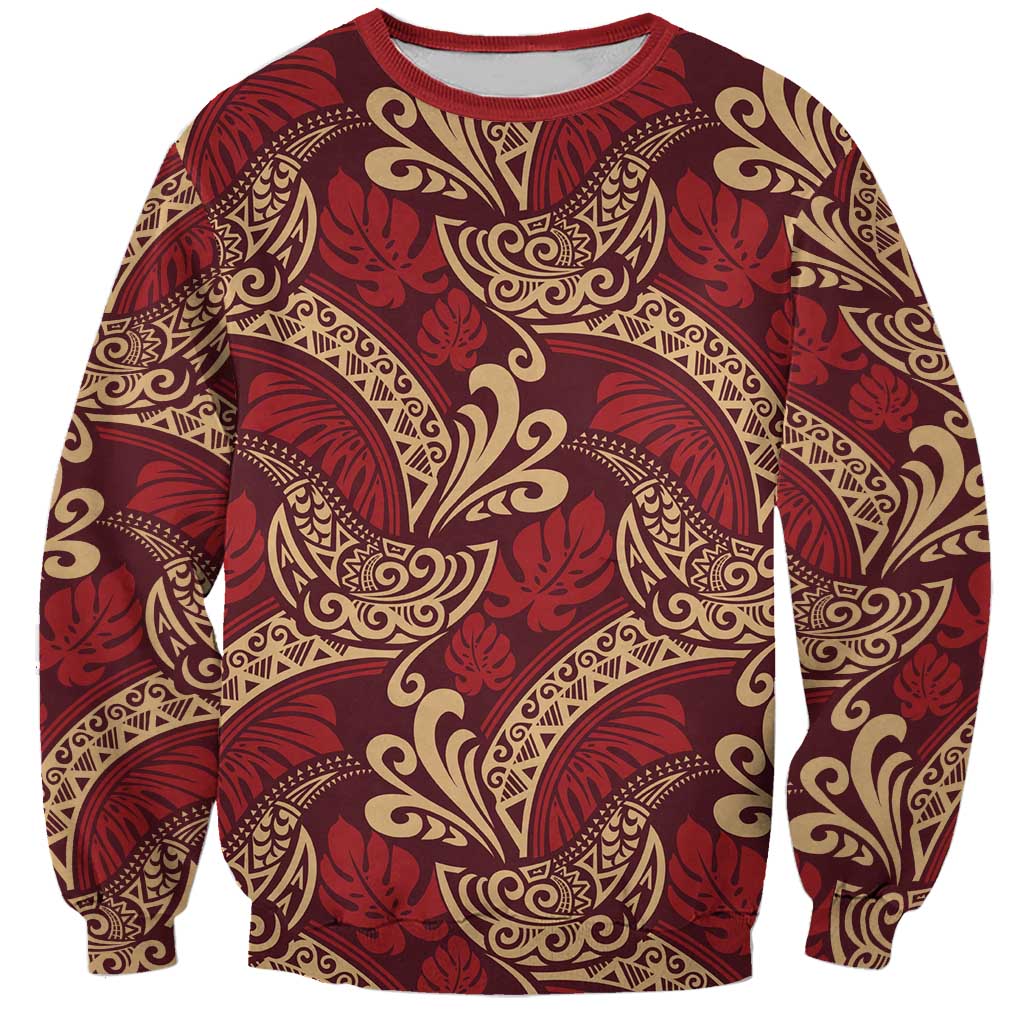 Luxury Red Monstera Sweatshirt Polynesian Tribal Pattern - Polynesian Pride