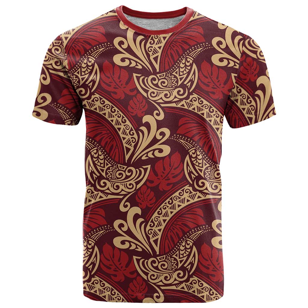 Luxury Red Monstera T Shirt Polynesian Tribal Pattern - Polynesian Pride