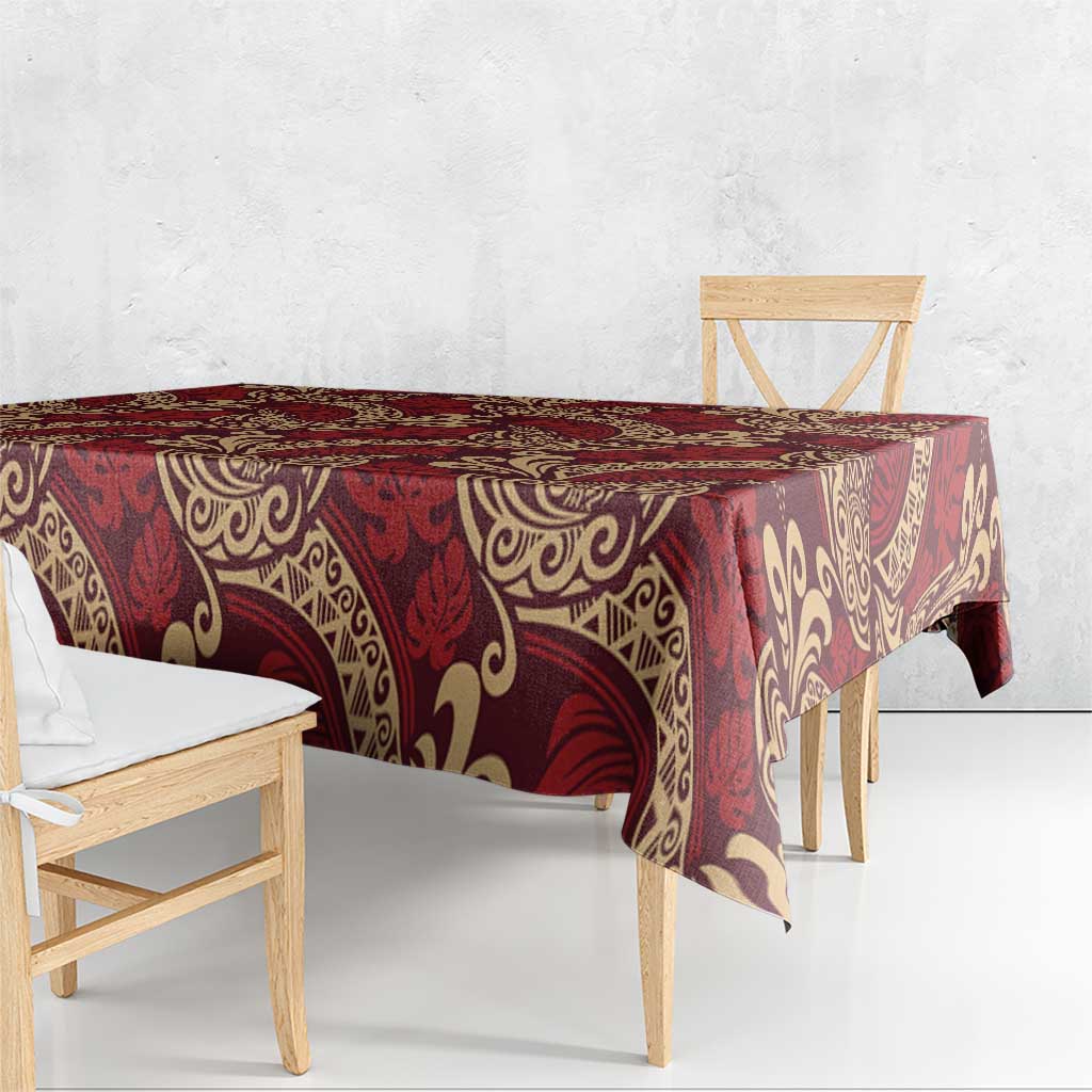 Luxury Red Monstera Tablecloth Polynesian Tribal Pattern - Polynesian Pride