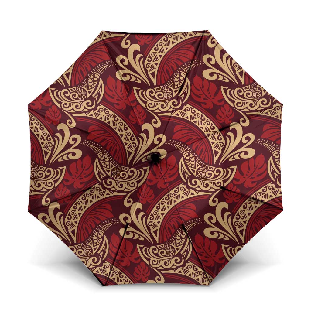 Luxury Red Monstera Umbrella Polynesian Tribal Pattern - Polynesian Pride