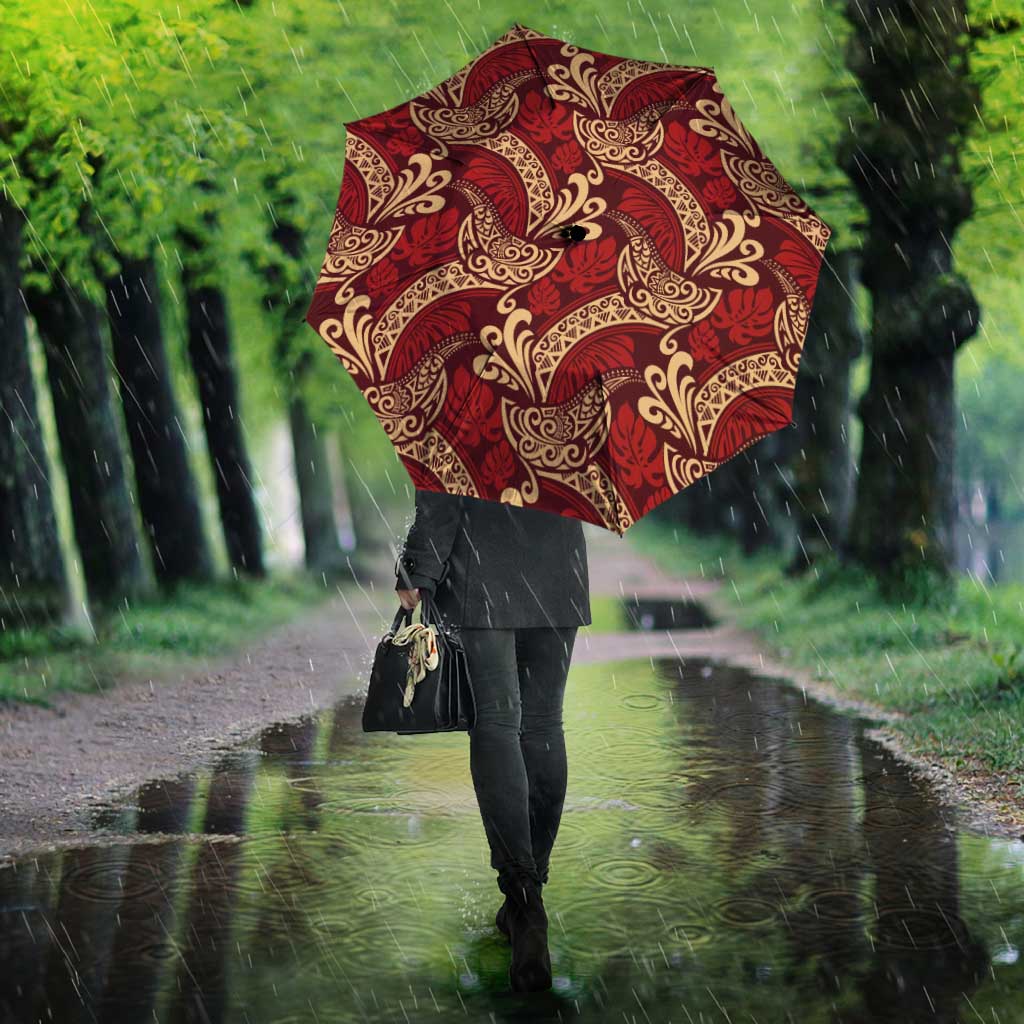 Luxury Red Monstera Umbrella Polynesian Tribal Pattern - Polynesian Pride