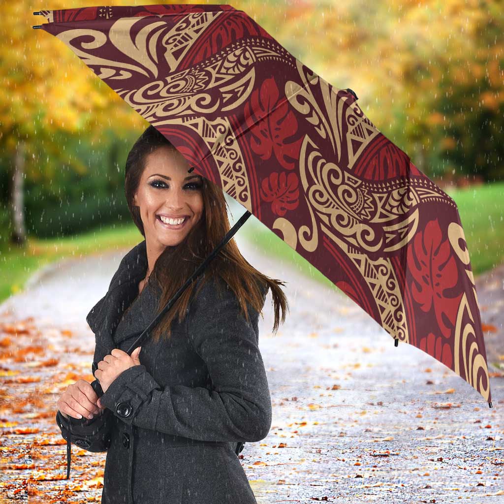 Luxury Red Monstera Umbrella Polynesian Tribal Pattern - Polynesian Pride
