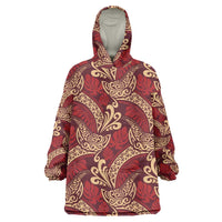 Luxury Red Monstera Wearable Blanket Hoodie Polynesian Tribal Pattern - Polynesian Pride