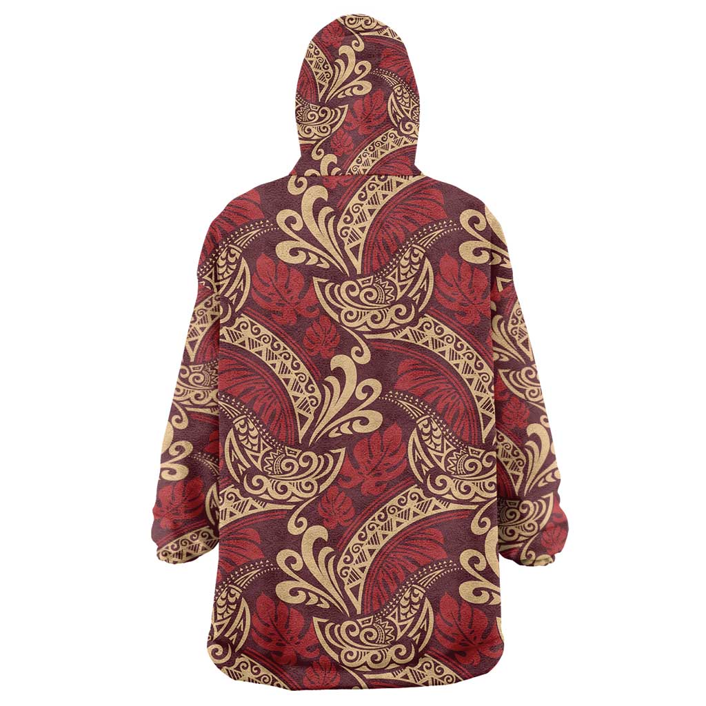 Luxury Red Monstera Wearable Blanket Hoodie Polynesian Tribal Pattern - Polynesian Pride