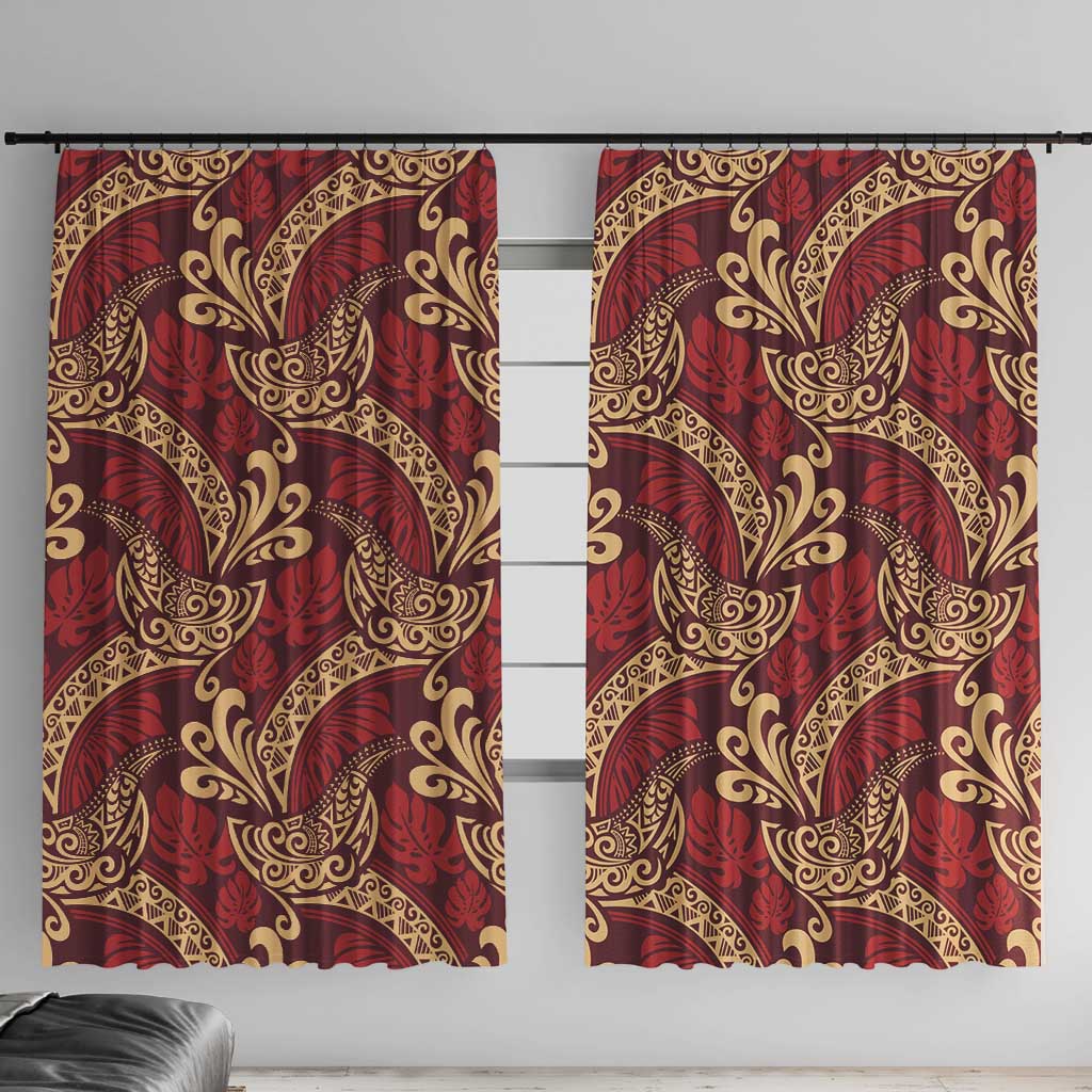 Luxury Red Monstera Window Curtain Polynesian Tribal Pattern - Polynesian Pride
