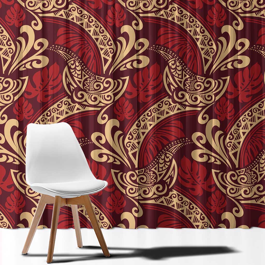 Luxury Red Monstera Window Curtain Polynesian Tribal Pattern - Polynesian Pride