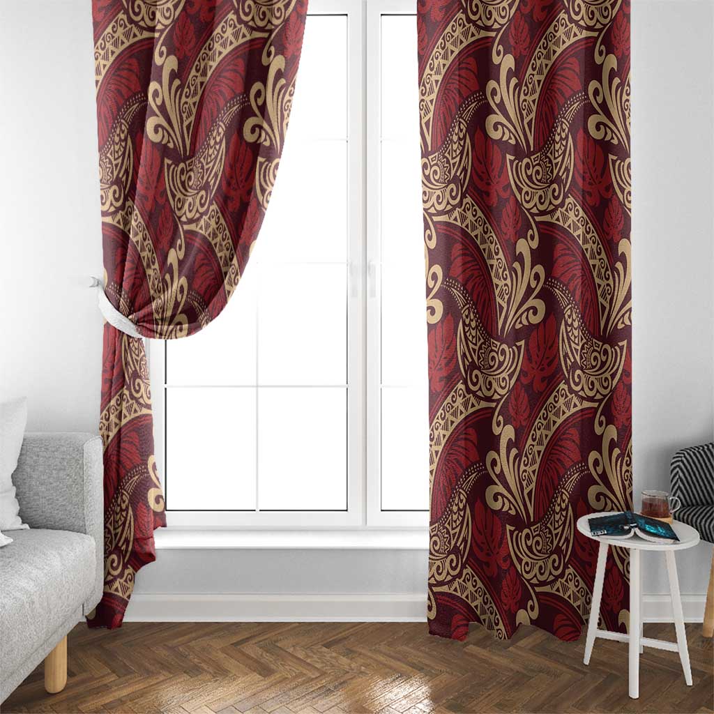 Luxury Red Monstera Window Curtain Polynesian Tribal Pattern - Polynesian Pride