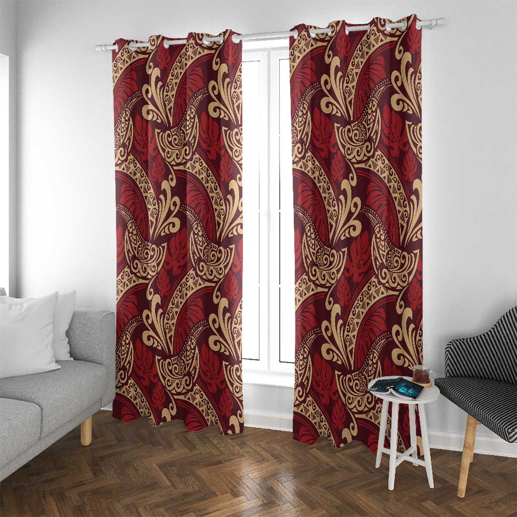 Luxury Red Monstera Window Curtain Polynesian Tribal Pattern - Polynesian Pride