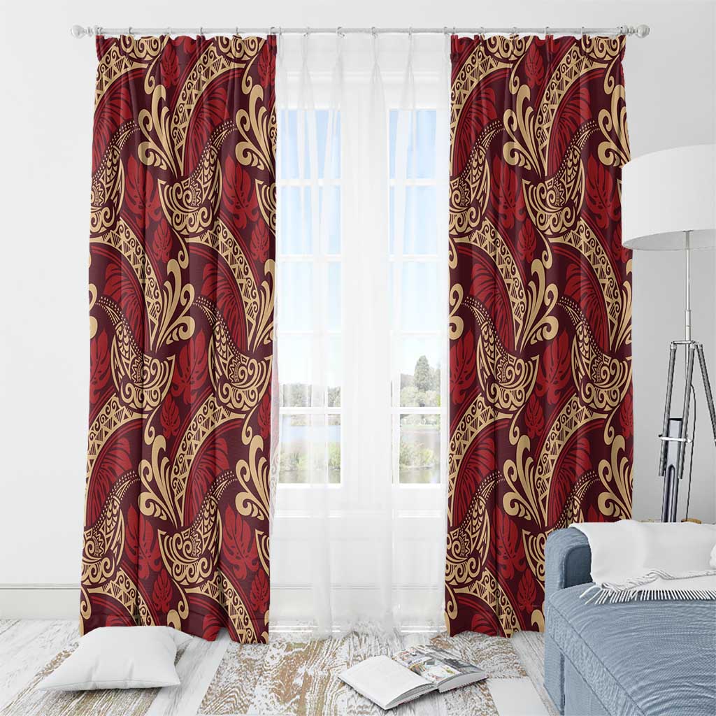 Luxury Red Monstera Window Curtain Polynesian Tribal Pattern - Polynesian Pride