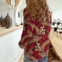 Luxury Red Monstera Women Casual Shirt Polynesian Tribal Pattern - Polynesian Pride