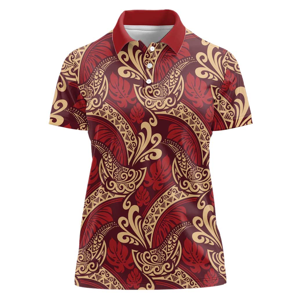 Luxury Red Monstera Women Polo Shirt Polynesian Tribal Pattern - Polynesian Pride