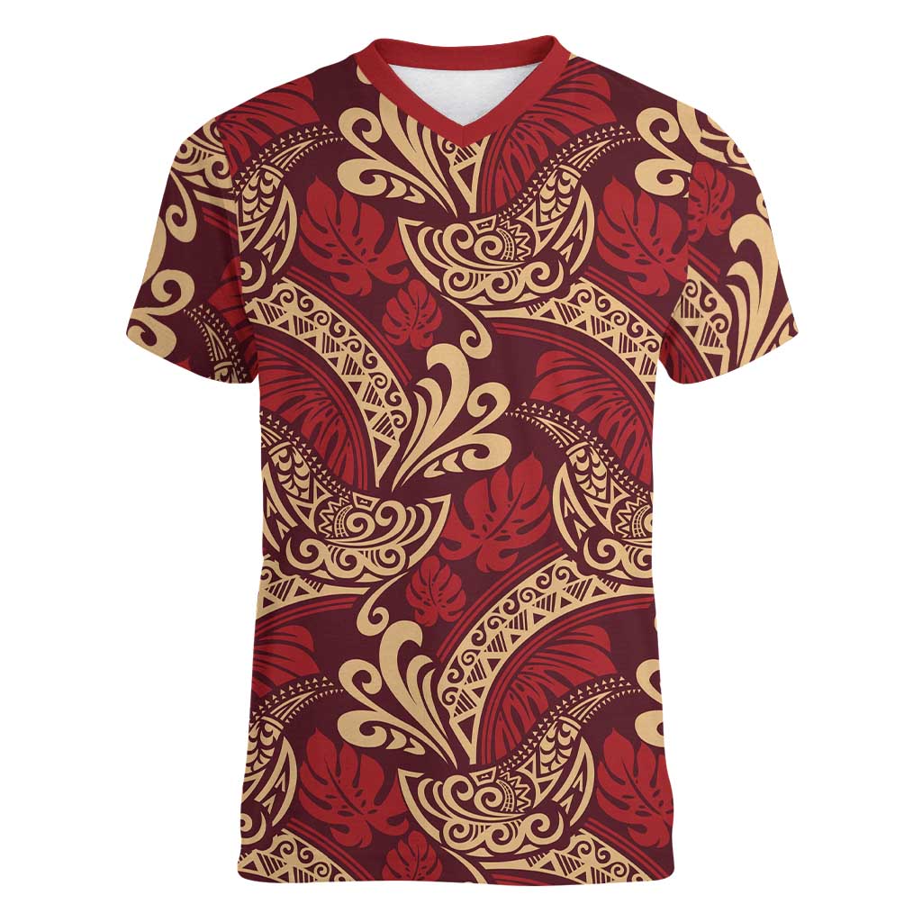 Luxury Red Monstera Women V-Neck T-Shirt Polynesian Tribal Pattern - Polynesian Pride