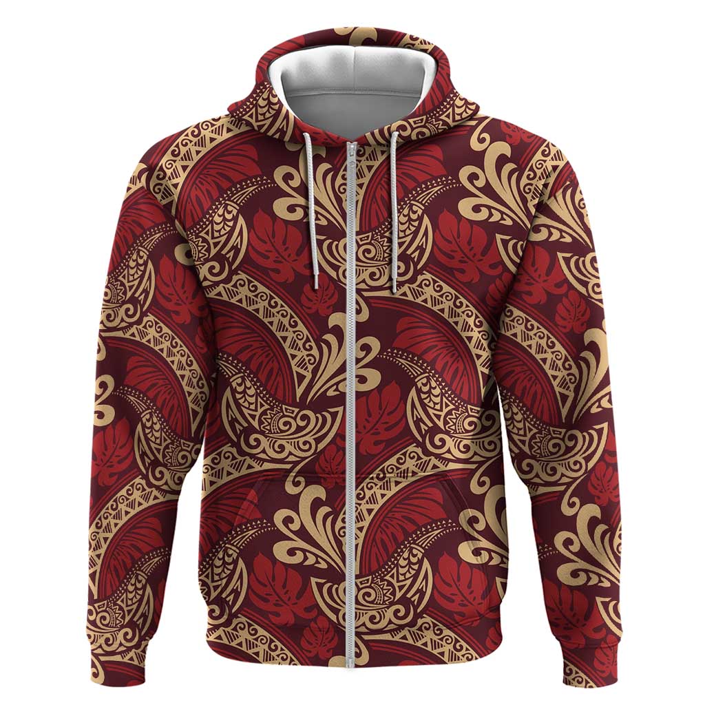 Luxury Red Monstera Zip Hoodie Polynesian Tribal Pattern - Polynesian Pride