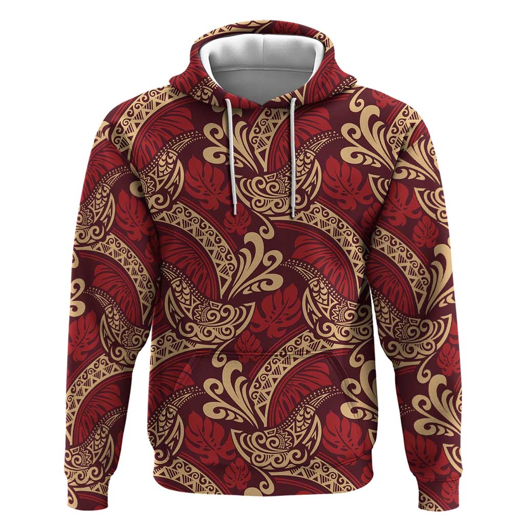 Luxury Red Monstera Zip Hoodie Polynesian Tribal Pattern - Polynesian Pride