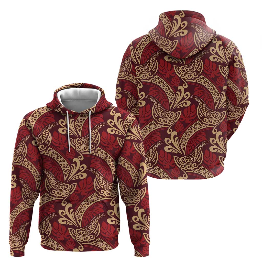Luxury Red Monstera Zip Hoodie Polynesian Tribal Pattern - Polynesian Pride