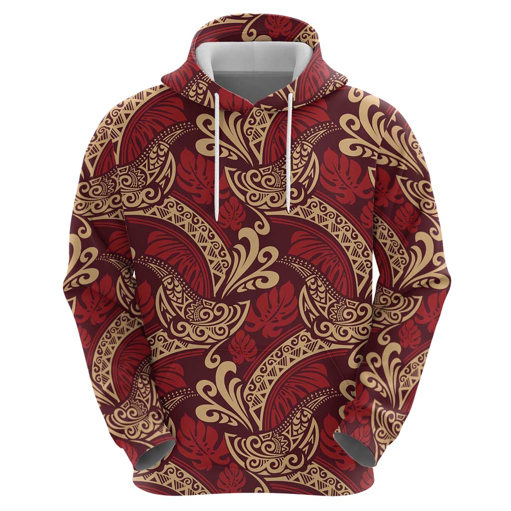 Luxury Red Monstera Zip Hoodie Polynesian Tribal Pattern - Polynesian Pride