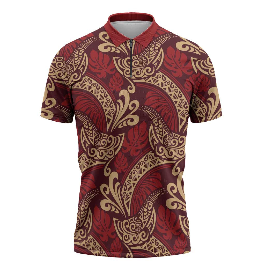 Luxury Red Monstera Zipper Polo Shirt Polynesian Tribal Pattern - Polynesian Pride