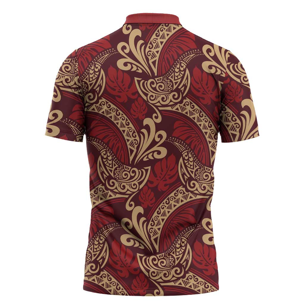 Luxury Red Monstera Zipper Polo Shirt Polynesian Tribal Pattern - Polynesian Pride