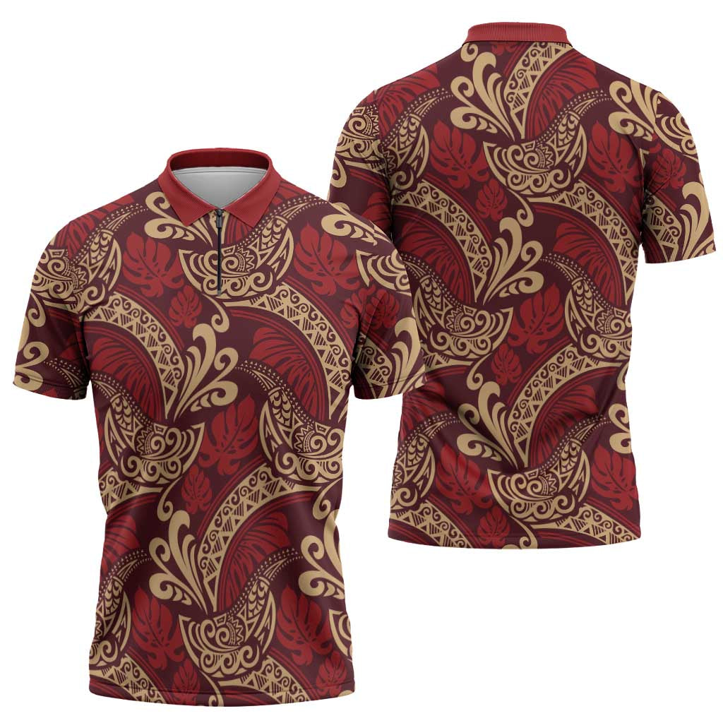 Luxury Red Monstera Zipper Polo Shirt Polynesian Tribal Pattern - Polynesian Pride