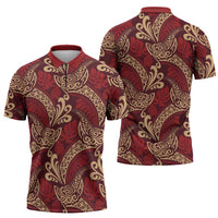 Luxury Red Monstera Zipper Polo Shirt Polynesian Tribal Pattern - Polynesian Pride