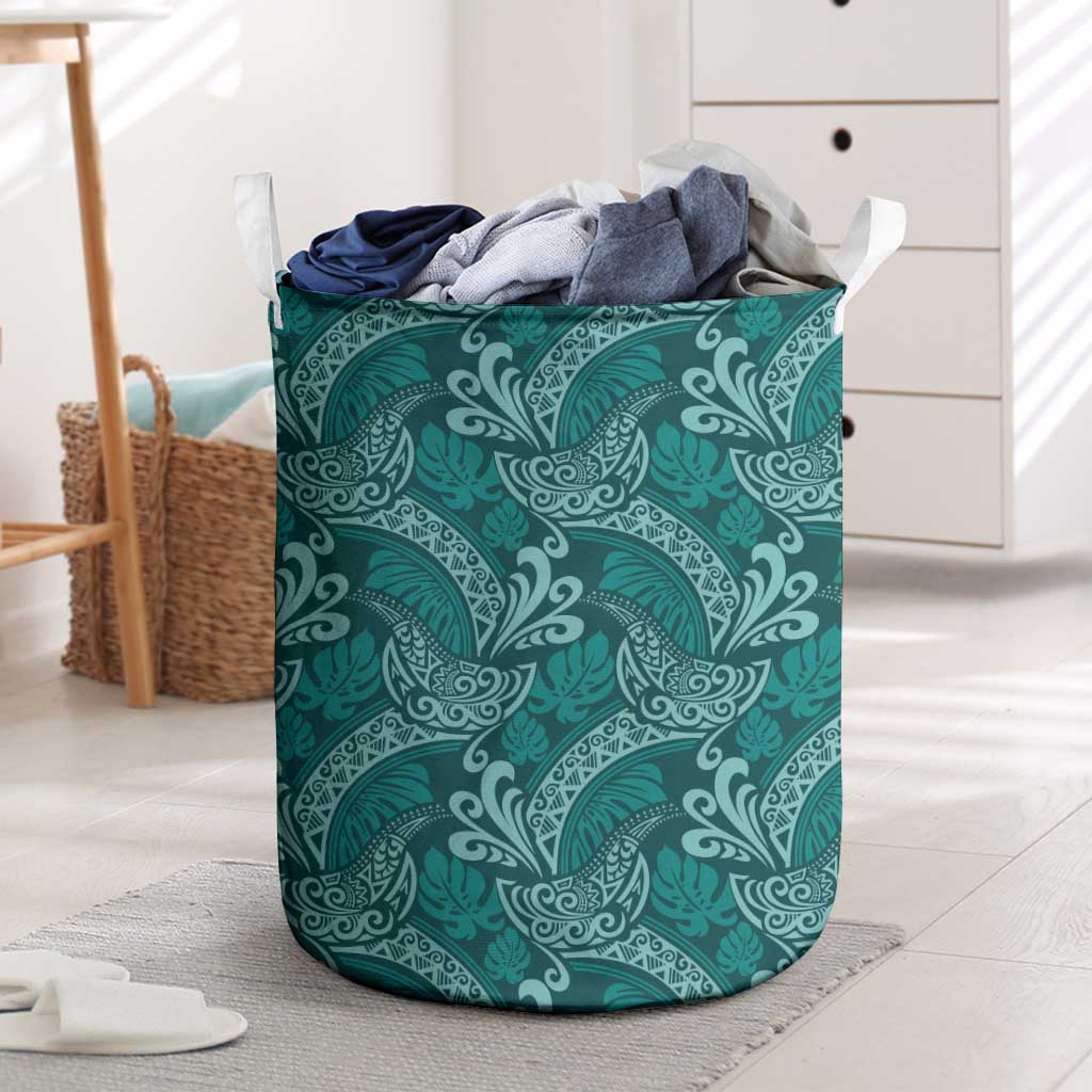 Teal Monstera Laundry Basket Polynesian Tribal Pattern - Polynesian Pride