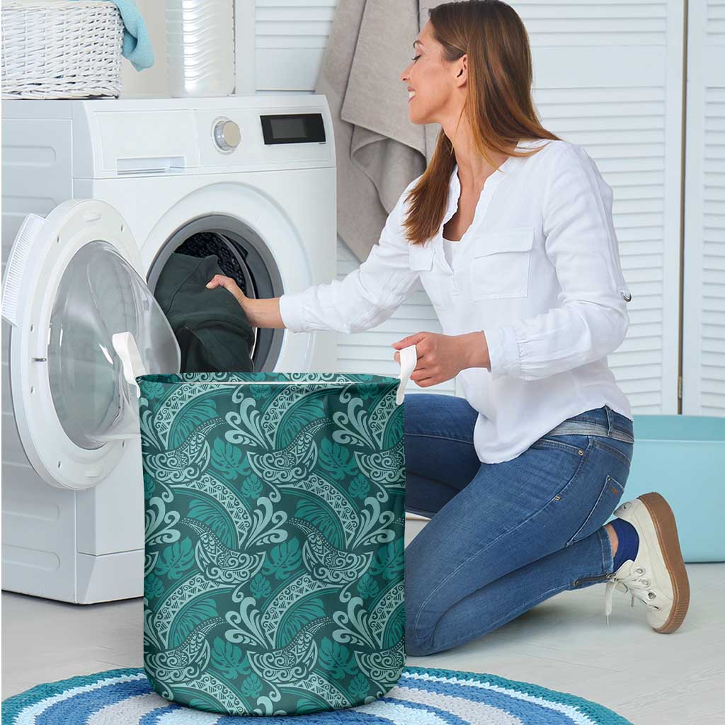 Teal Monstera Laundry Basket Polynesian Tribal Pattern - Polynesian Pride
