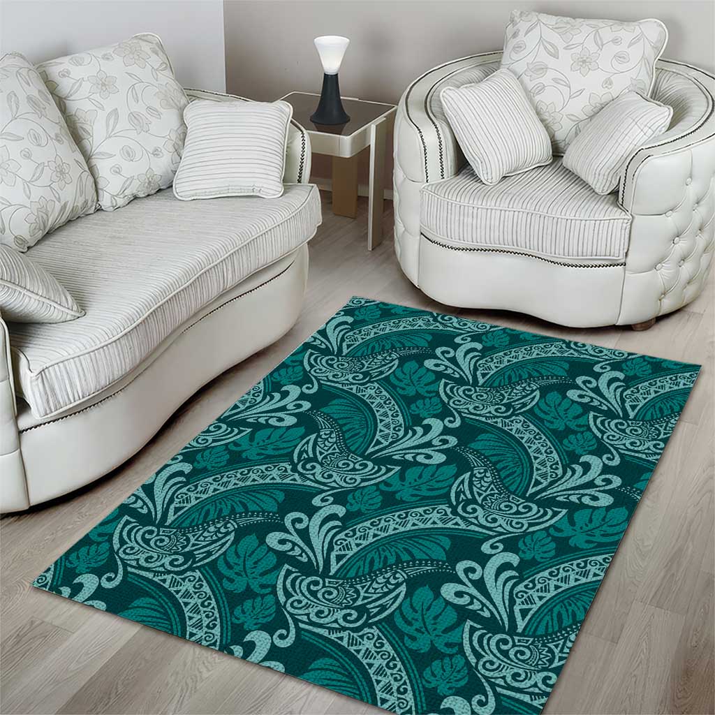 Teal Monstera Area Rug Polynesian Tribal Pattern - Polynesian Pride
