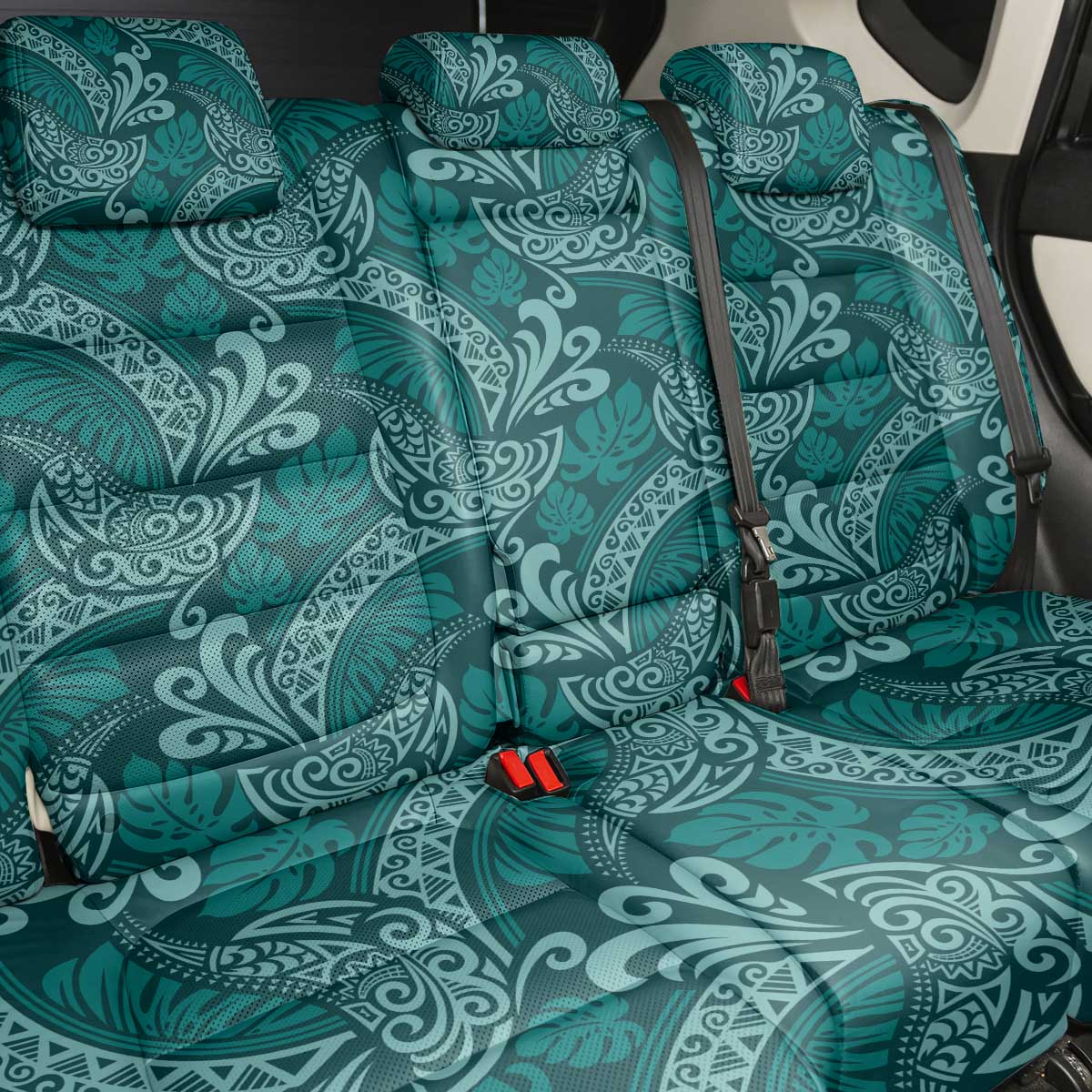 Teal Monstera Back Car Seat Cover Polynesian Tribal Pattern - Polynesian Pride
