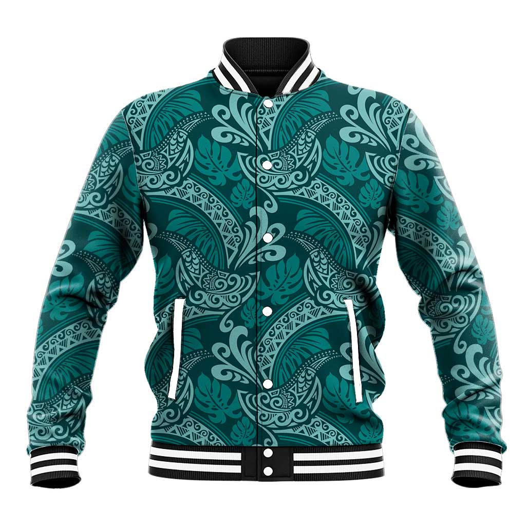 Teal Monstera Baseball Jacket Polynesian Tribal Pattern - Polynesian Pride