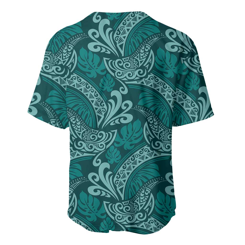 Teal Monstera Baseball Jersey Polynesian Tribal Pattern - Polynesian Pride