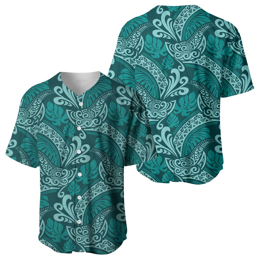 Teal Monstera Baseball Jersey Polynesian Tribal Pattern - Polynesian Pride