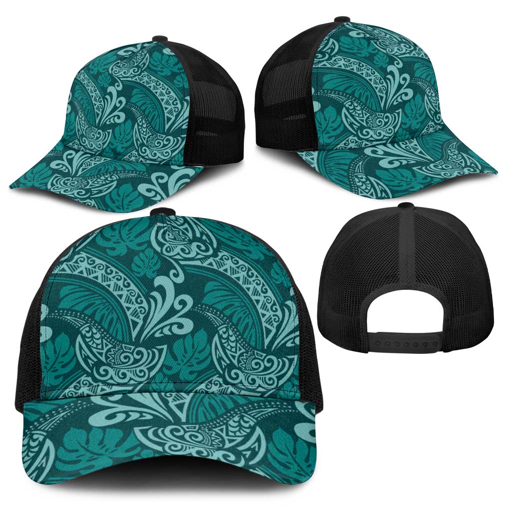 Teal Monstera Baseball Net Cap Polynesian Tribal Pattern - Polynesian Pride