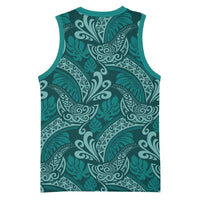 Teal Monstera Basketball Jersey Polynesian Tribal Pattern - Polynesian Pride