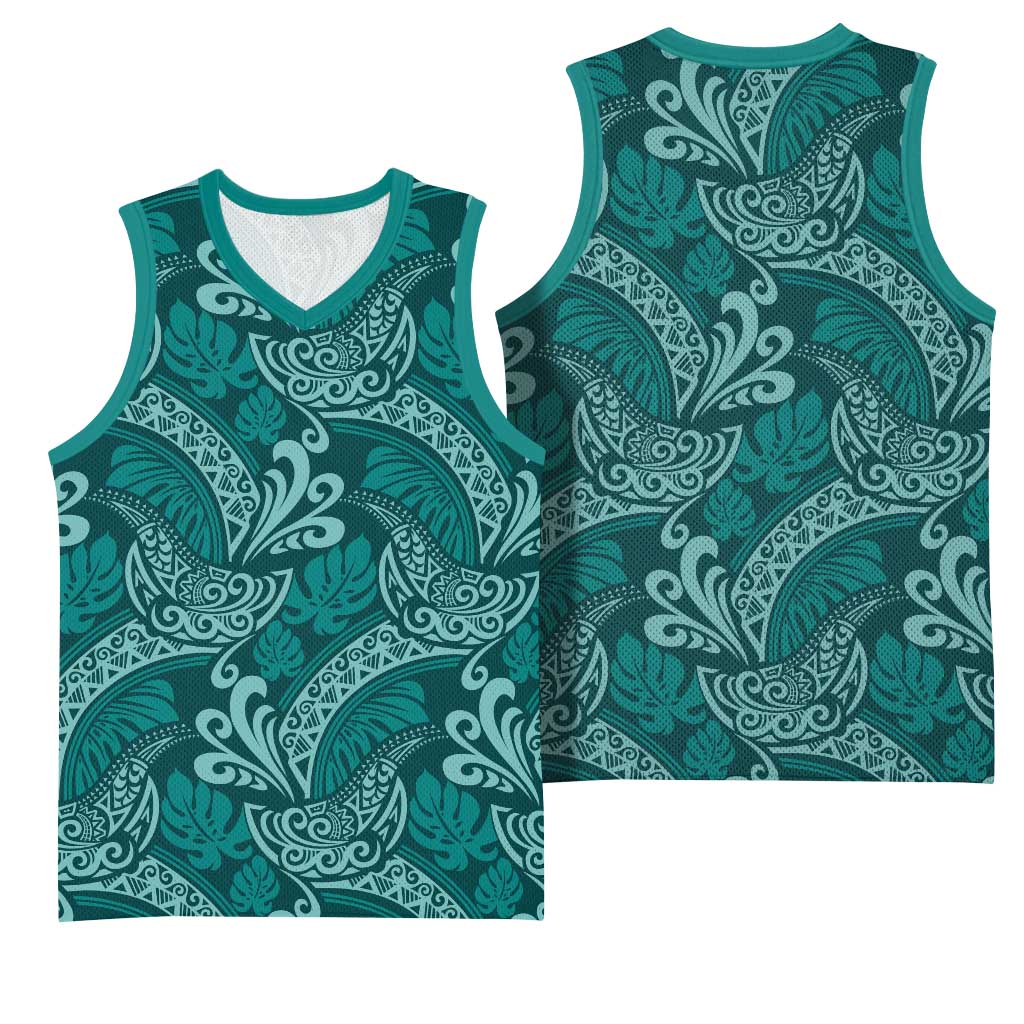 Teal Monstera Basketball Jersey Polynesian Tribal Pattern - Polynesian Pride