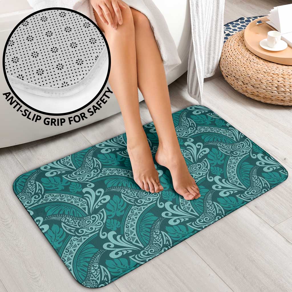 Teal Monstera Bathroom Set Polynesian Tribal Pattern - Polynesian Pride