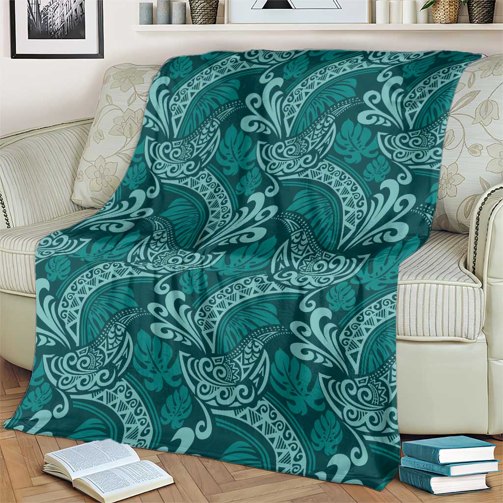Teal Monstera Blanket Polynesian Tribal Pattern - Polynesian Pride