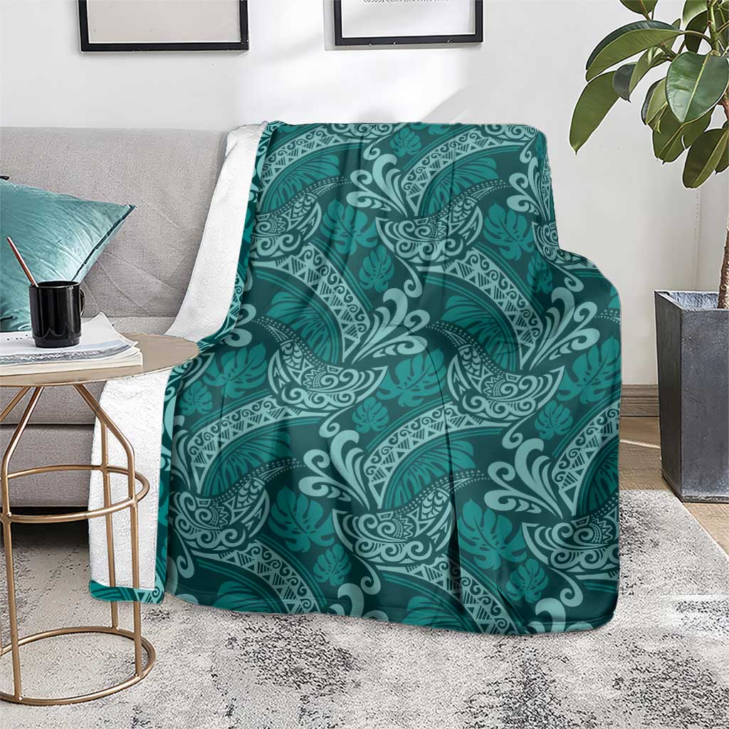 Teal Monstera Blanket Polynesian Tribal Pattern - Polynesian Pride