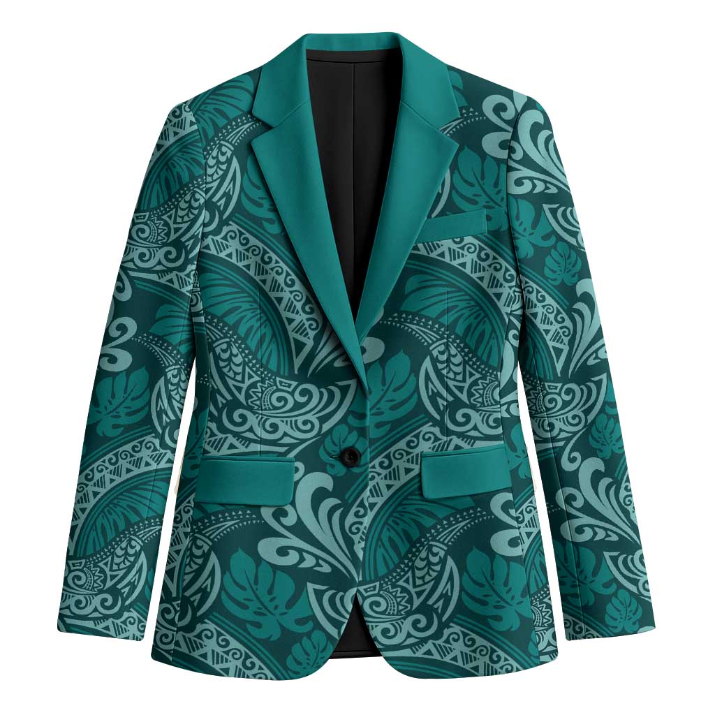 Teal Monstera Blazer Polynesian Tribal Pattern - Polynesian Pride