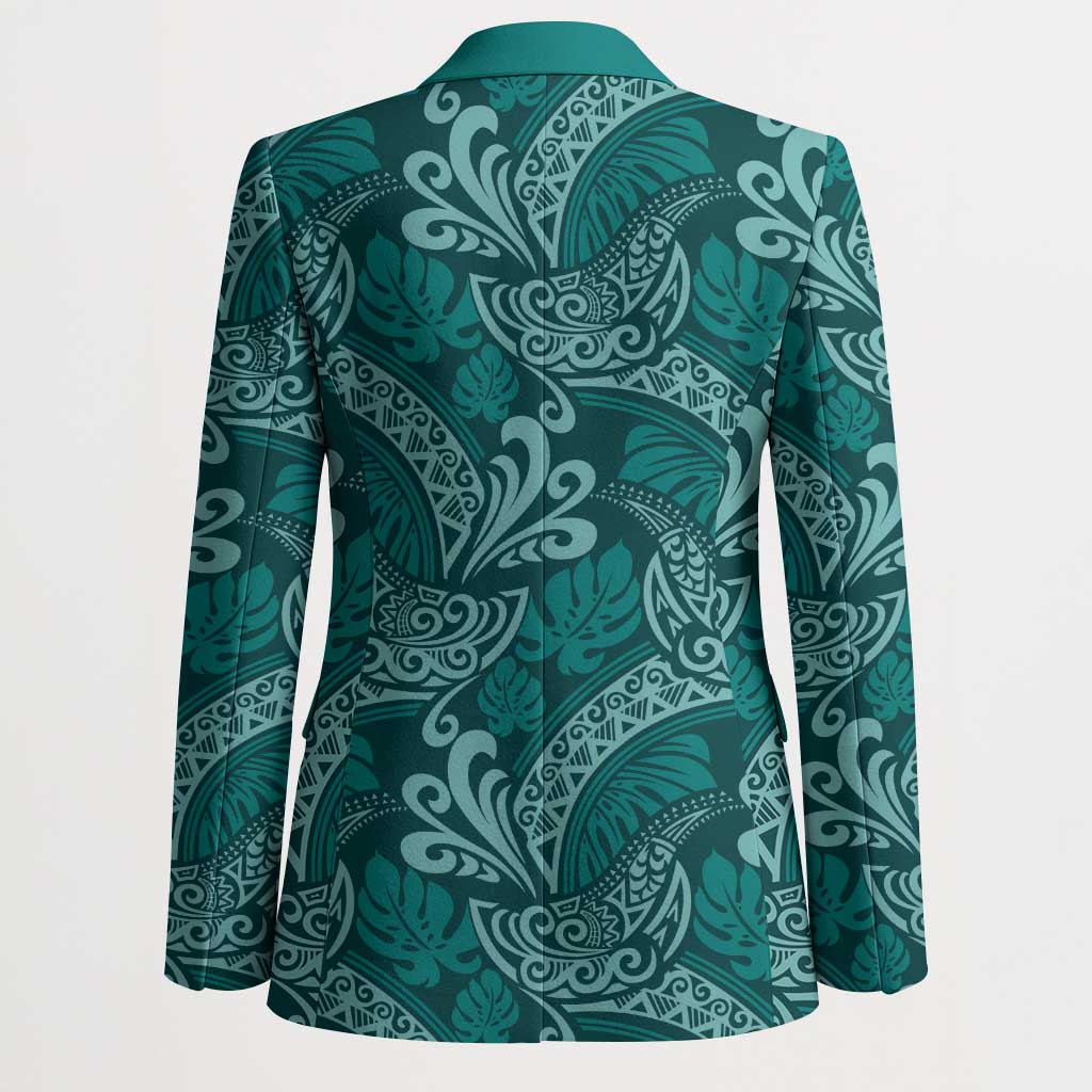 Teal Monstera Blazer Polynesian Tribal Pattern - Polynesian Pride