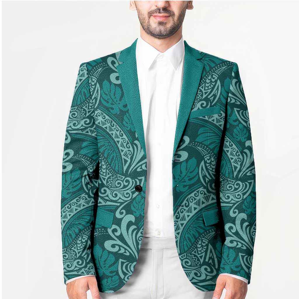 Teal Monstera Blazer Polynesian Tribal Pattern - Polynesian Pride