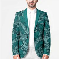 Teal Monstera Blazer Polynesian Tribal Pattern - Polynesian Pride