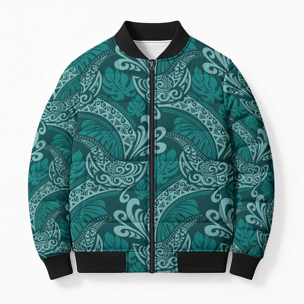 Teal Monstera Bomber Puffer Jacket Polynesian Tribal Pattern - Polynesian Pride