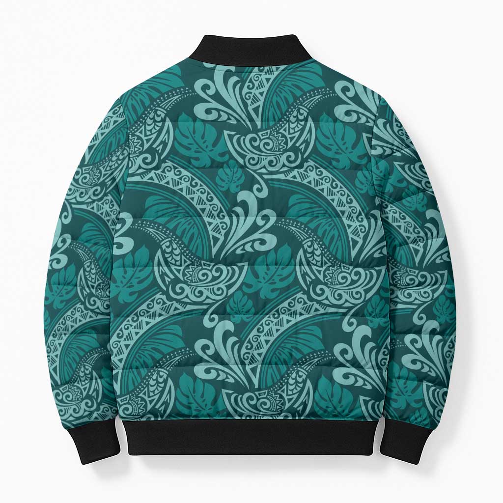 Teal Monstera Bomber Puffer Jacket Polynesian Tribal Pattern - Polynesian Pride