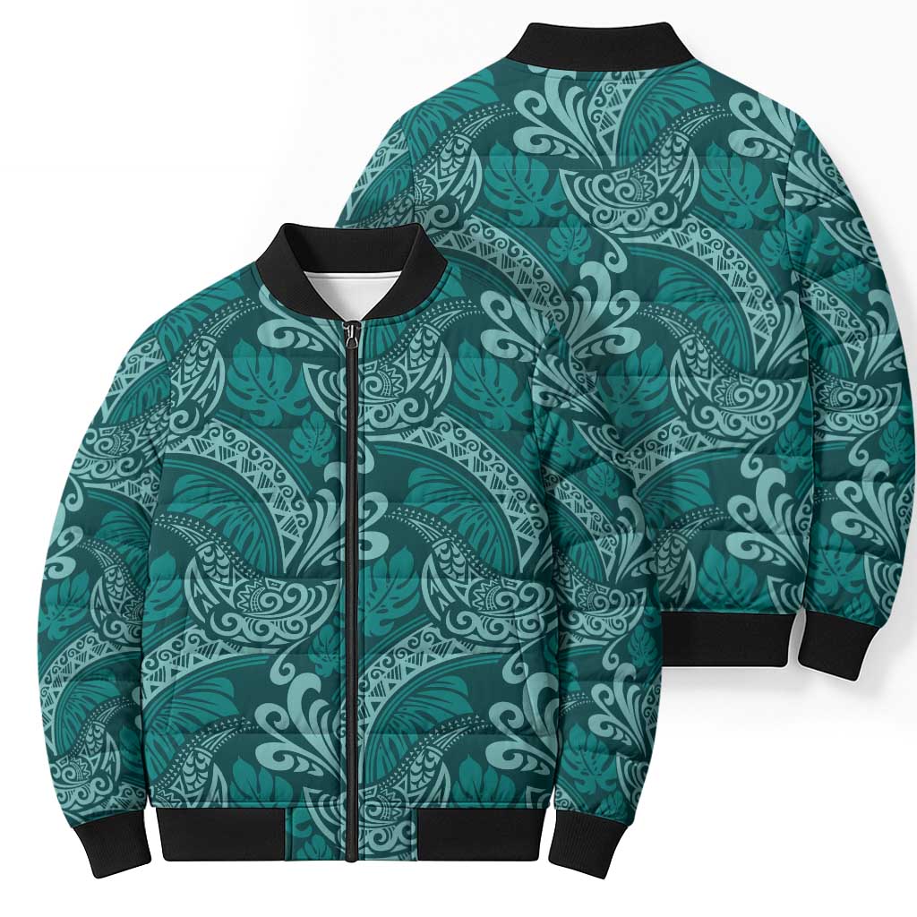 Teal Monstera Bomber Puffer Jacket Polynesian Tribal Pattern - Polynesian Pride