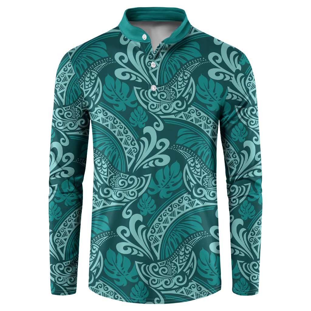 Teal Monstera Button Sweatshirt Polynesian Tribal Pattern - Polynesian Pride