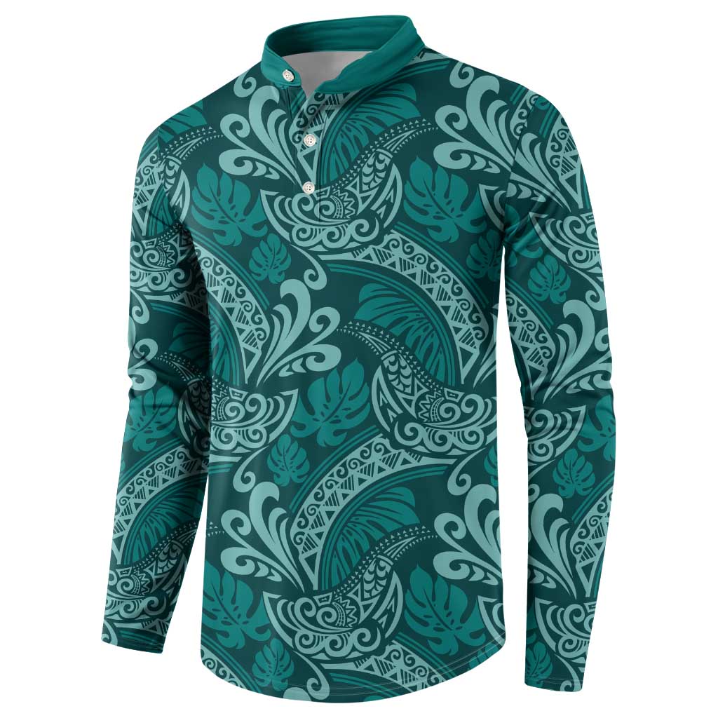 Teal Monstera Button Sweatshirt Polynesian Tribal Pattern - Polynesian Pride